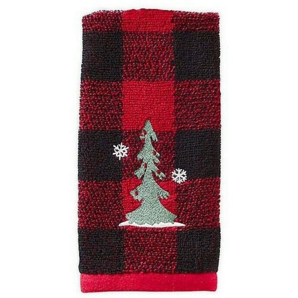 Christmas Tree Fingertip Towels Embroidered Cabin Rustic Buffalo Plaid Set of 2